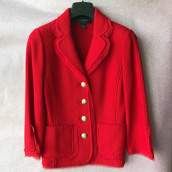 St.John  Knit Blazer Jacket Red 3/4 Sleeve 53% wool 47% Rayon Made in USA - Picture 1 of 12